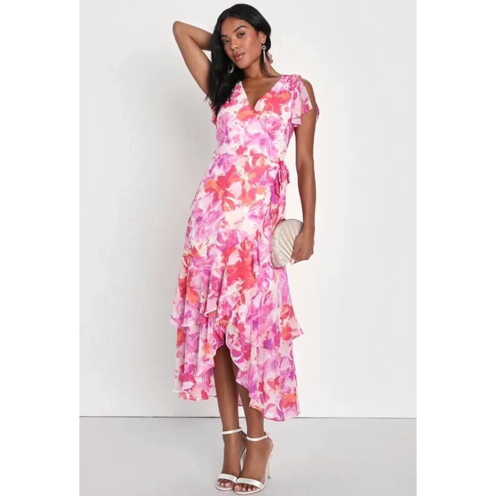 Lulus Dress Womens XS Lovable Aura Pink Floral Print Tiered Midi Wrap Dress